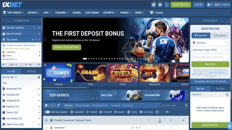 1XBet Malaysia platform showing casino games and sportsbook interface side by side