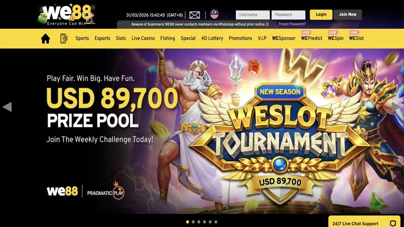WE88 Malaysia casino homepage showing eWallet deposit options and welcome bonus